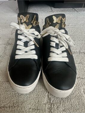 Michael Kors Black Leather Sneakers with Gold Butterfly Accents